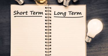 Short term and Long term on opened notebook with glowing light bulb