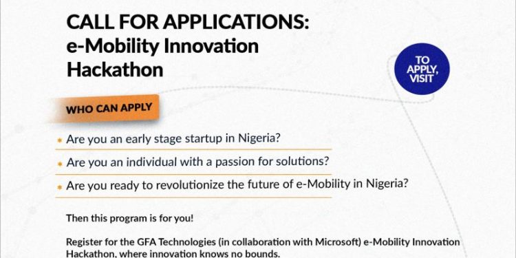 e-Mobility (Electric Mobility) Innovation Hackathon For Entrepreneurs and Startups in Nigeria ( Over USD$75,000 worth of benefits available) 1 e-Mobility (Electric Mobility) Innovation Hackathon For Entrepreneurs and Startups in Nigeria